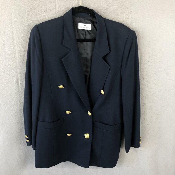 Saks Fifth Avenue Blazer Womens 8 Navy Blue Double Breasted Gold Button Jacket - Picture 1 of 16